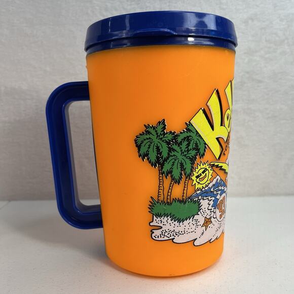 Vtg Aladdin Kel-Welco Big 1993 Mug Tool Adventurer Dude Guy Surfing Orange W Lid - Picture 3 of 11
